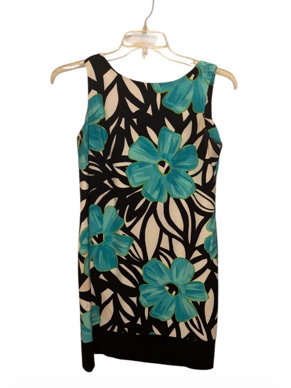 AB Studio Black, Cream & Turquoise Floral Shift Midi Dress